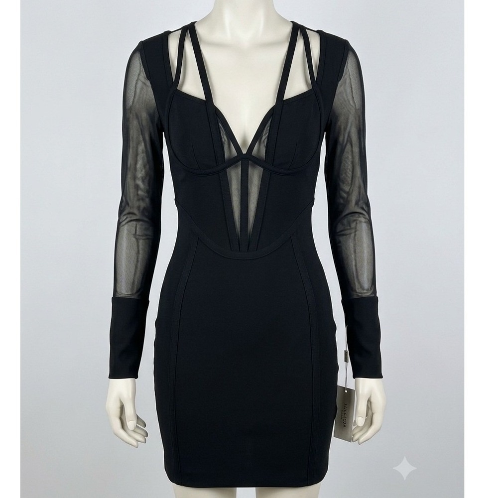 Fashion Nova Black Bandage Cage Goth Mini Dress Sheer Mesh Long Sleeve M NWT